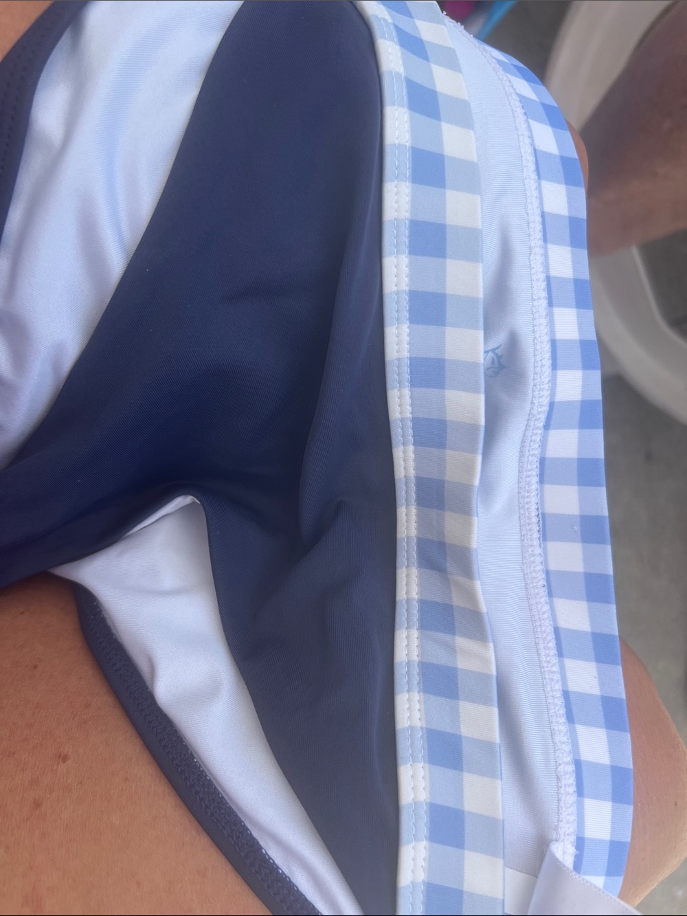 Southern Tide Navy Swim Trunks with Light Blue Gingham Trim